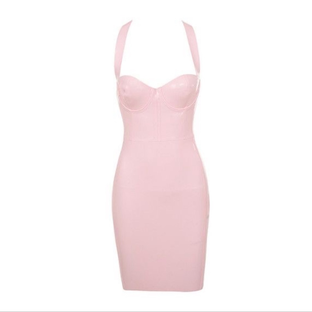 House of CB | Anissa Baby Pink Latex Cross Over Dress